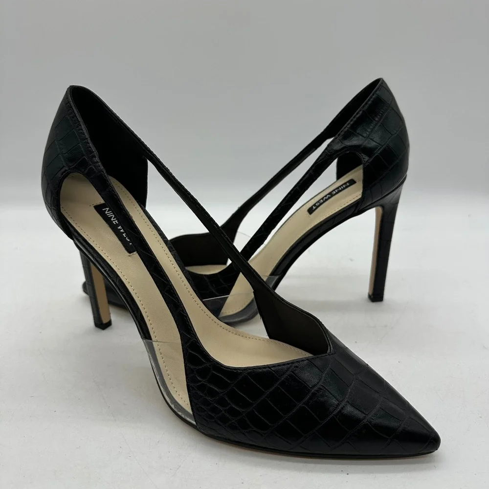 Nine West Womens 10.5 Trivs3 Black‎ Croc Pointed Toe Clear Panel Stiletto Pumps